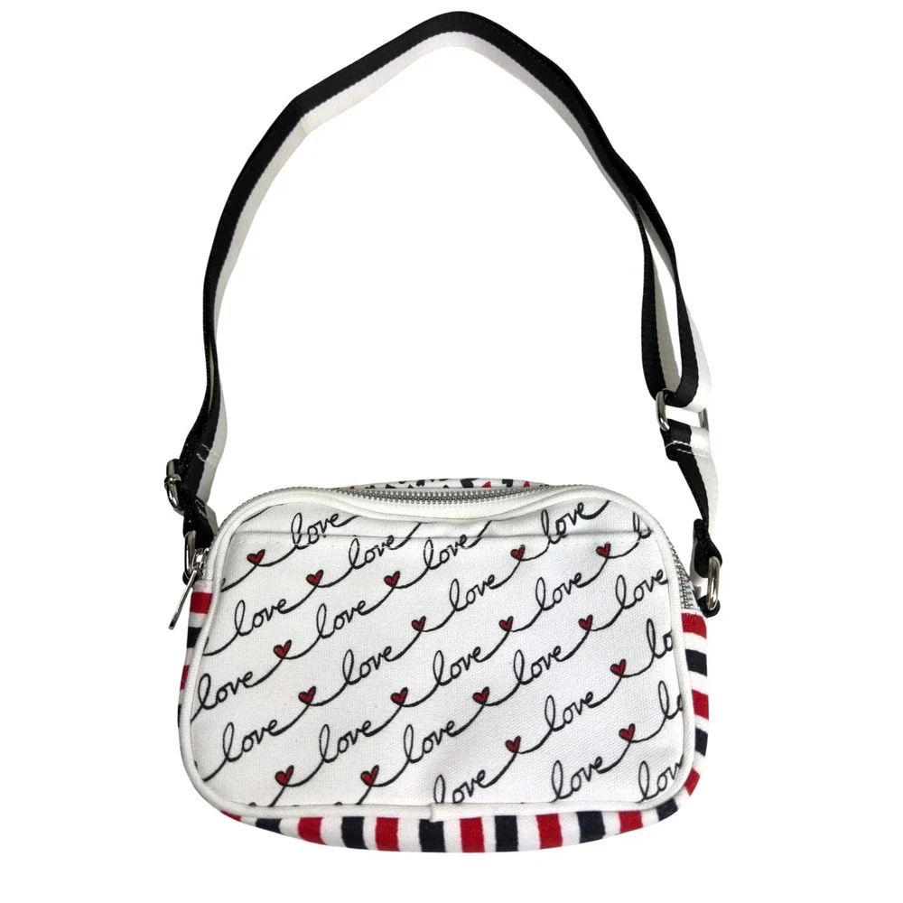 Brighton Love Scripted Canvas Crossbody Camera Bag Heart Striped Sporty Travel